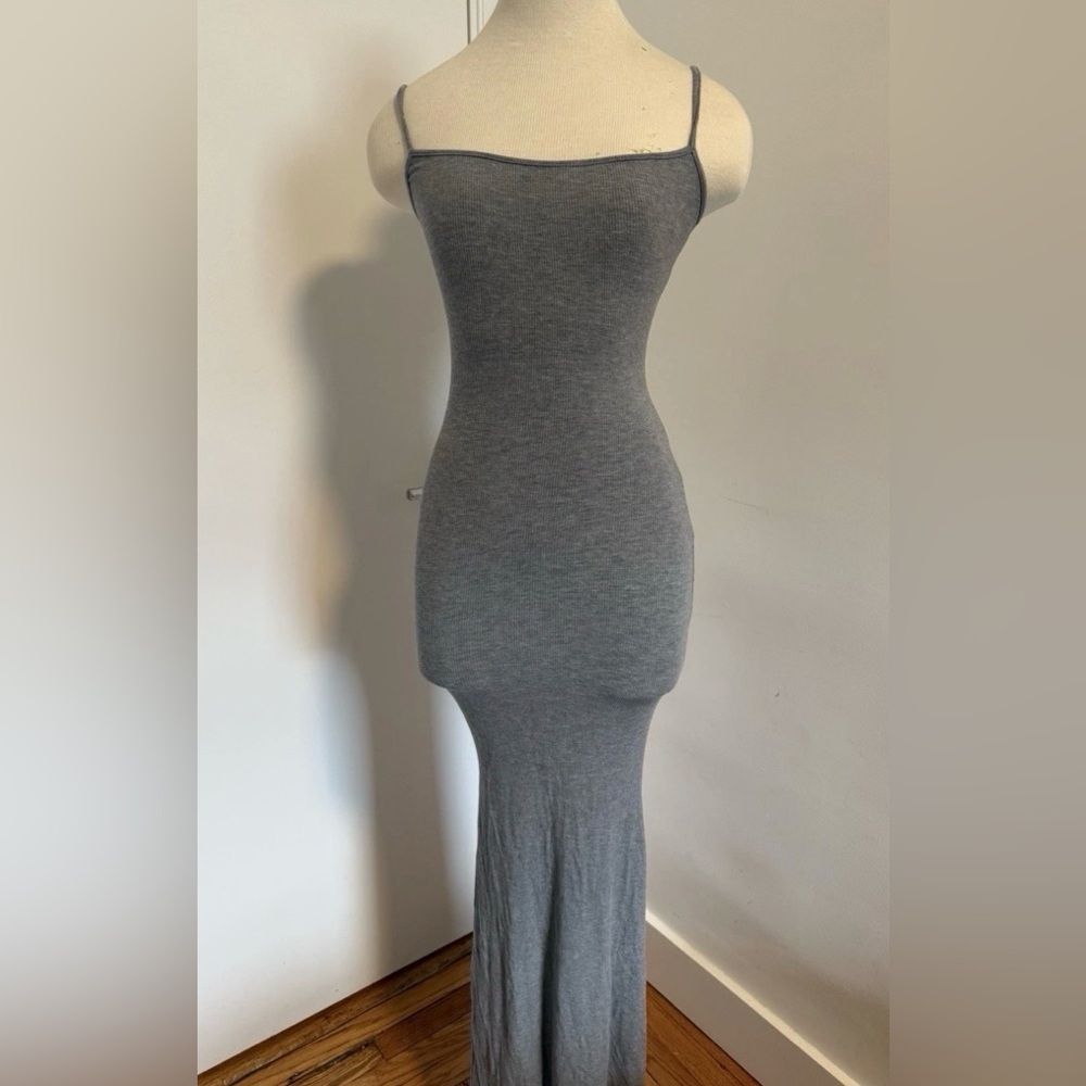 Skims Soft Lounge Long Grey Maxi Slip Dress Ribbed Spaghetti Strap S
